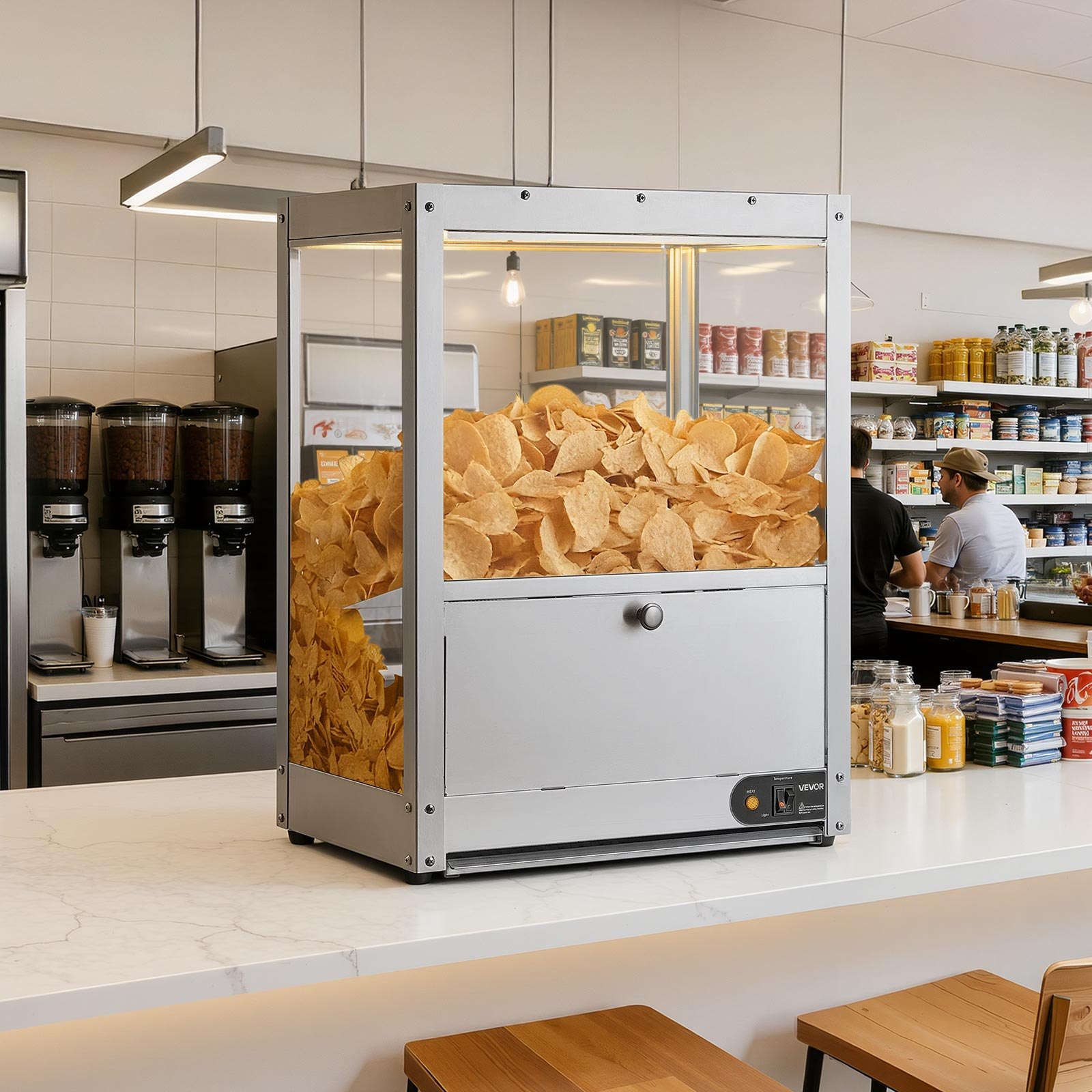 VEVOR Vitrina de Calor para Nachos de 80 L 300 W, Expositor Térmico de Acero Inoxidable, con Base Calefactora y Luz de Calentamiento, 30°C~85°C, con Placa Deflectora, para Palomitas, Patatas Fritas