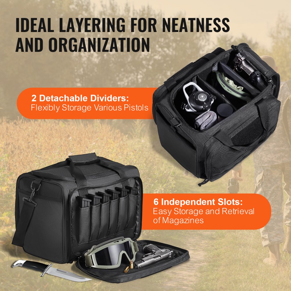 VEVOR Estuche blando para 3 pistolas, estuche para pistola con 2 deflectores desmontables y 6 cargadores, estuche para arma de fuego, bolsa para pistola para campo de tiro de caza al aire libre, estuche para pistola con una sola tira para el hombro, negro