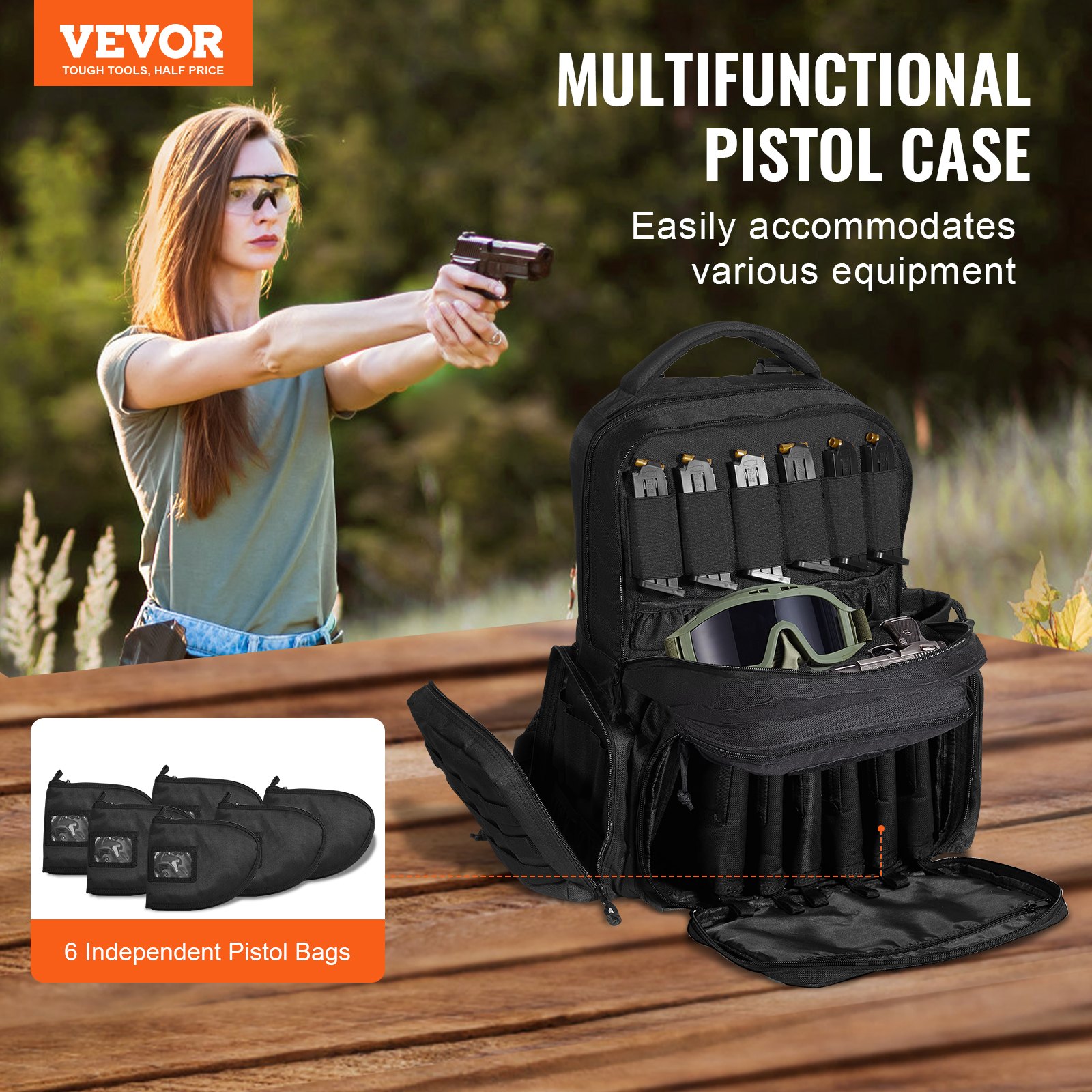 Mochila táctica VEVOR para 6 pistolas, mochila para armas con 6 bolsas independientes para pistolas y 10 cargadores, mochila para pistolas para caza y tiro al aire libre, bolsa de tiro para pistolas con cremallera bloqueable, color negro