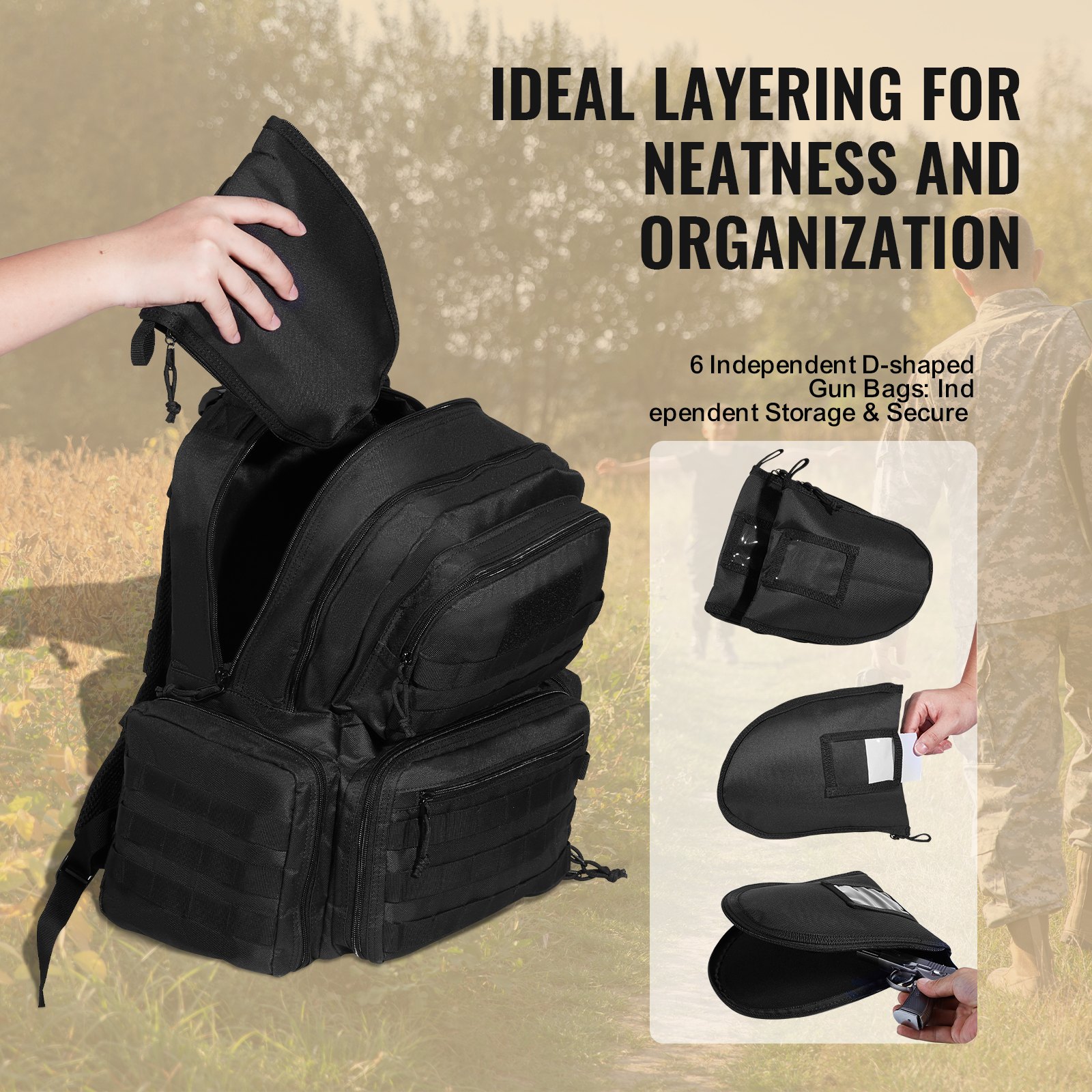 Mochila táctica VEVOR para 6 pistolas, mochila para armas con 6 bolsas independientes para pistolas y 10 cargadores, mochila para pistolas para caza y tiro al aire libre, bolsa de tiro para pistolas con cremallera bloqueable, color negro