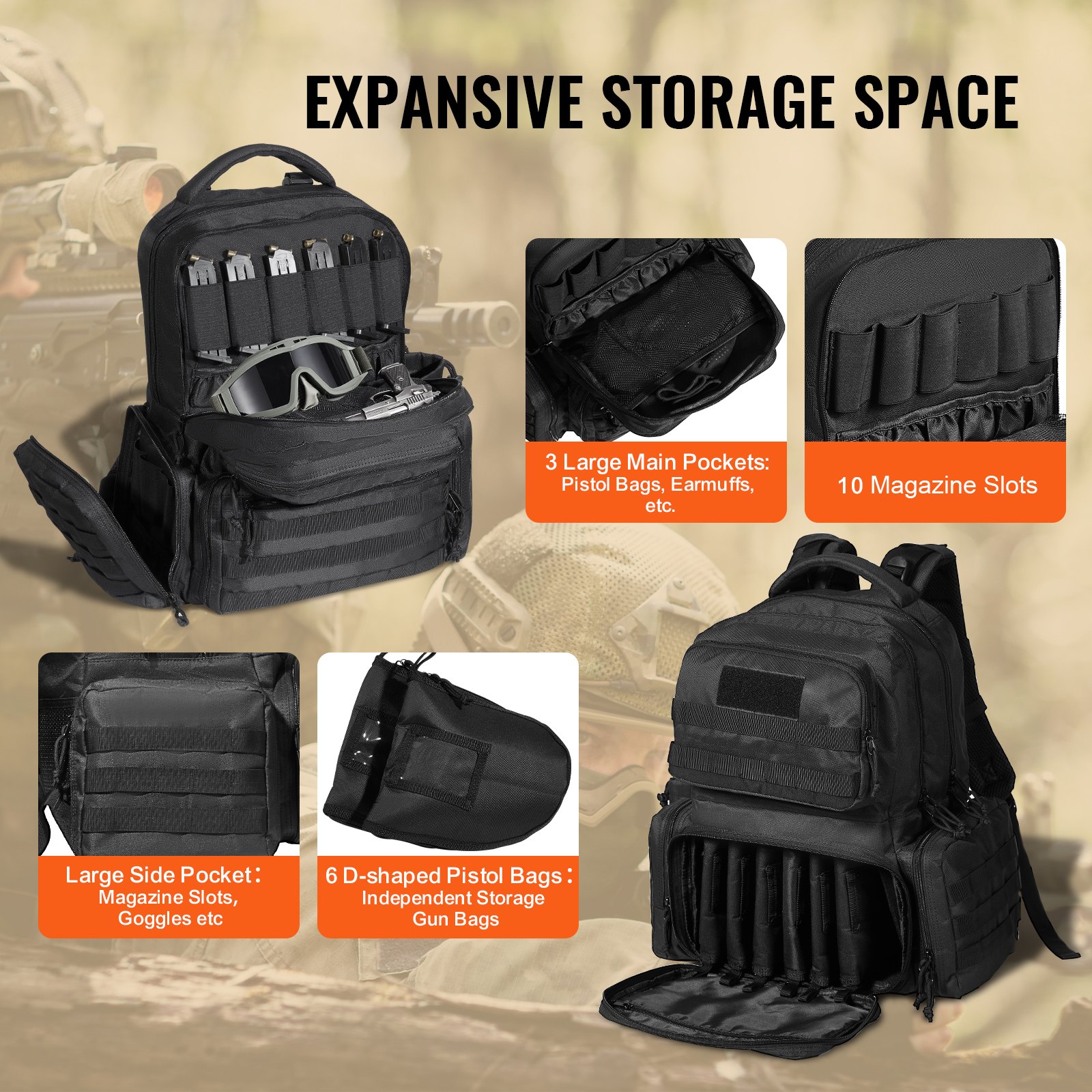 Mochila táctica VEVOR para 6 pistolas, mochila para armas con 6 bolsas independientes para pistolas y 10 cargadores, mochila para pistolas para caza y tiro al aire libre, bolsa de tiro para pistolas con cremallera bloqueable, color negro