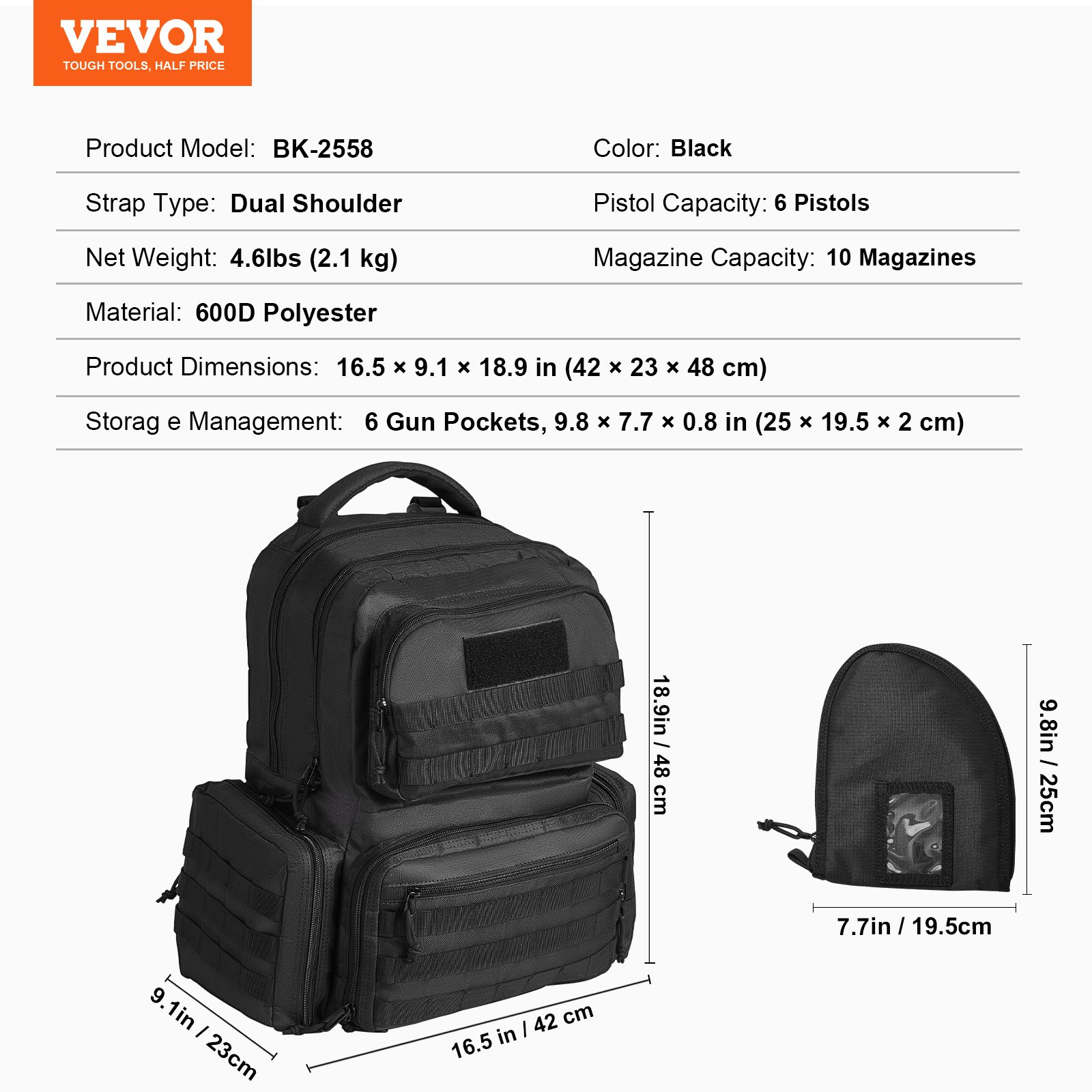 Mochila táctica VEVOR para 6 pistolas, mochila para armas con 6 bolsas independientes para pistolas y 10 cargadores, mochila para pistolas para caza y tiro al aire libre, bolsa de tiro para pistolas con cremallera bloqueable, color negro
