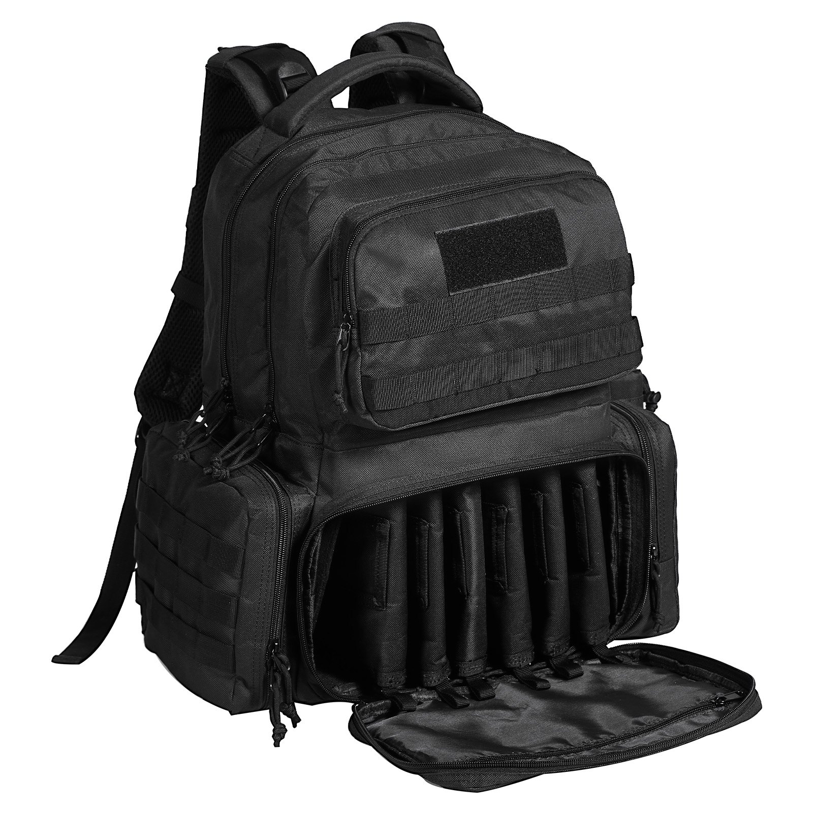Mochila táctica VEVOR para 6 pistolas, mochila para armas con 6 bolsas independientes para pistolas y 10 cargadores, mochila para pistolas para caza y tiro al aire libre, bolsa de tiro para pistolas con cremallera bloqueable, color negro