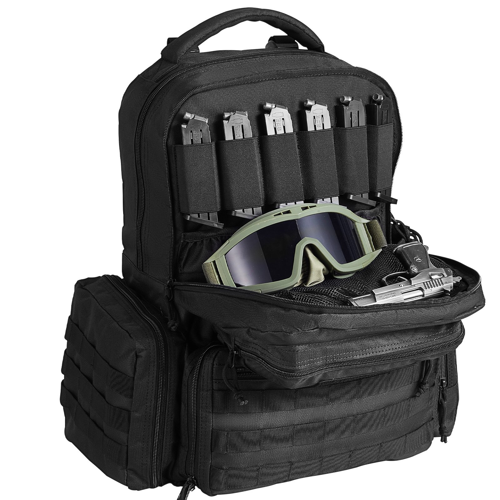 Mochila táctica VEVOR para 6 pistolas, mochila para armas con 6 bolsas independientes para pistolas y 10 cargadores, mochila para pistolas para caza y tiro al aire libre, bolsa de tiro para pistolas con cremallera bloqueable, color negro