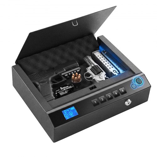 VEVOR Caja Fuerte Biométrica para Armas Caja de Seguridad de Acero Negro, Capacidad de 2 Pistolas y 2 Cargadores, Acceso por Contraseña, Bluetooth, Llave y Huellas Dactilares, Iluminación Automática