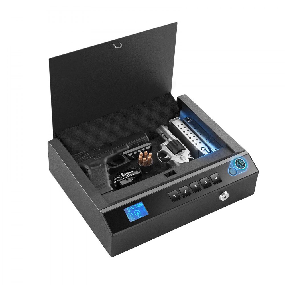 VEVOR Caja Fuerte Biométrica para Armas Caja de Seguridad de Acero Negro, Capacidad de 2 Pistolas y 2 Cargadores, Acceso por Contraseña, Bluetooth, Llave y Huellas Dactilares, Iluminación Automática