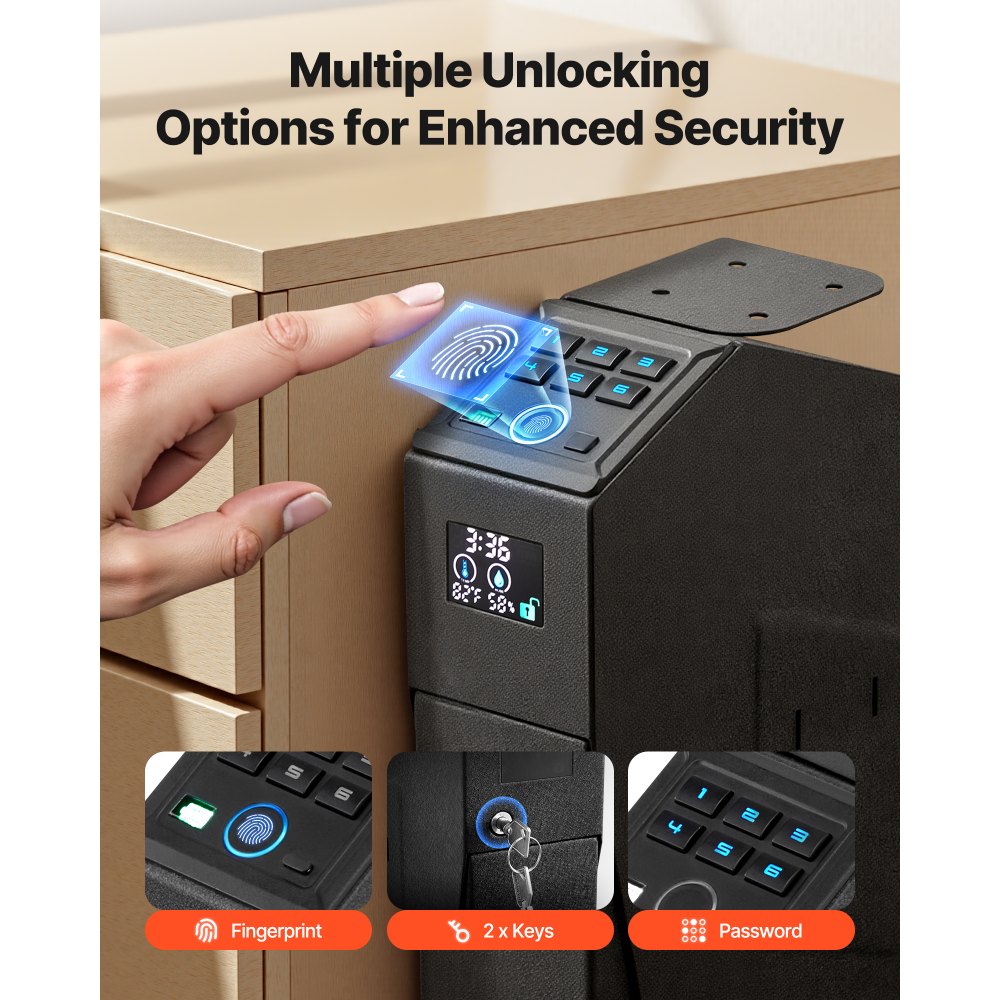 VEVOR Caja Fuerte para Pistolas de Acero, con 3 Formas de Acceso por Huella Dactilares, Contraseña y Llave, Caja Fuerte para Armas con Pantalla y LED, Capacidad de 1 Pistola y 1 Cargador, Negro