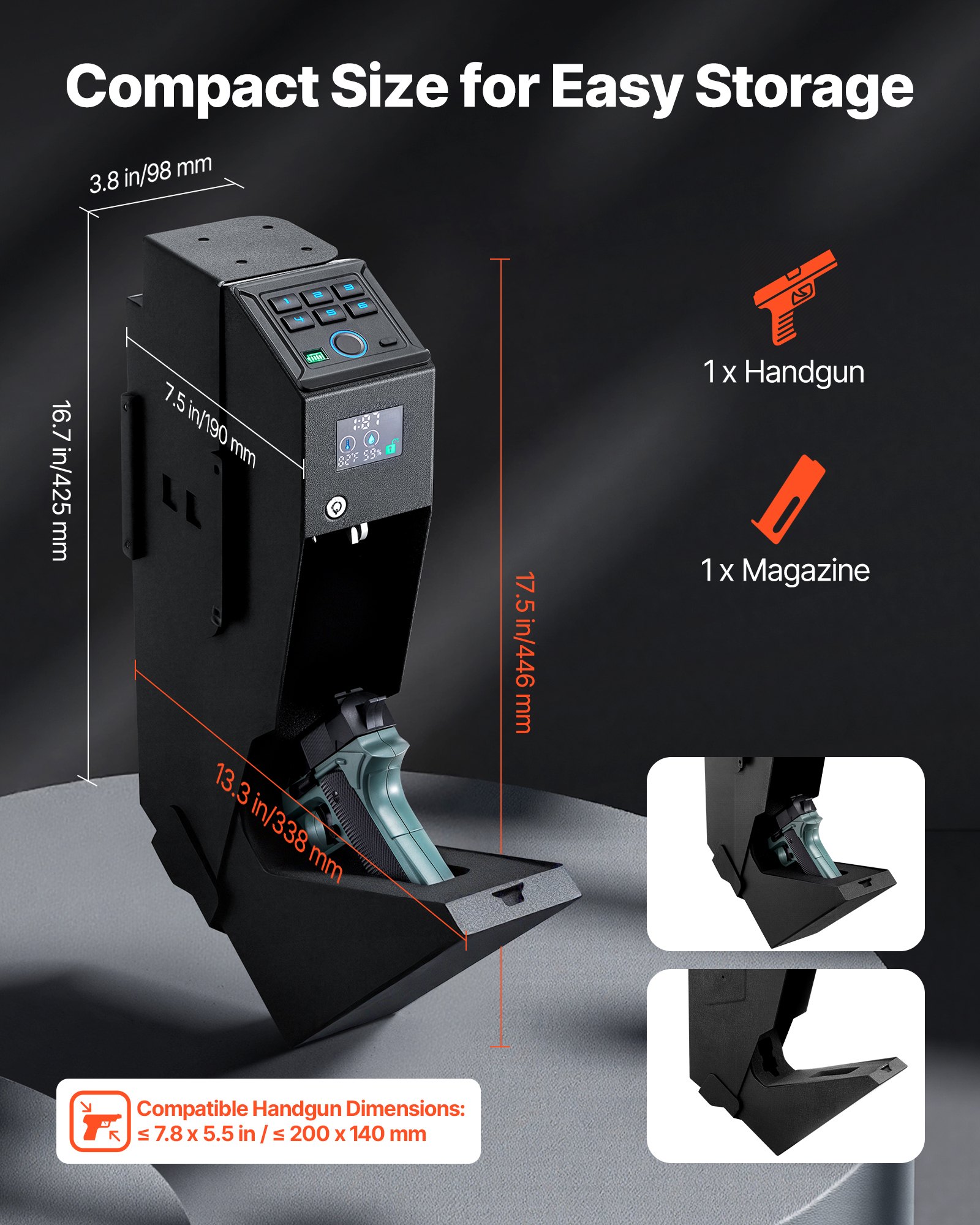 VEVOR Caja Fuerte para Pistolas de Acero, con 3 Formas de Acceso por Huella Dactilares, Contraseña y Llave, Caja Fuerte para Armas con Pantalla y LED, Capacidad de 1 Pistola y 1 Cargador, Negro