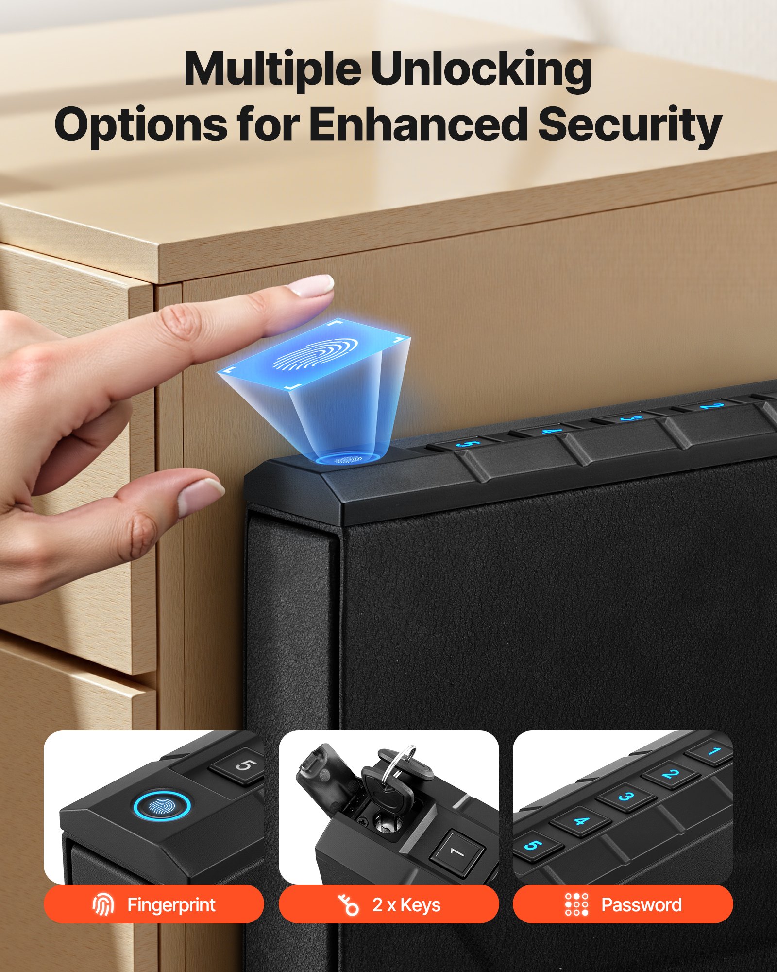 VEVOR Caja Fuerte para Pistolas Control Deslizante, 3 Formas de Acceso por Huella Dactilares, Contraseña y Llave, Caja Fuerte para Armas con Iluminación, Capacidad de 1 Pistola y 1 Cargador, Negro