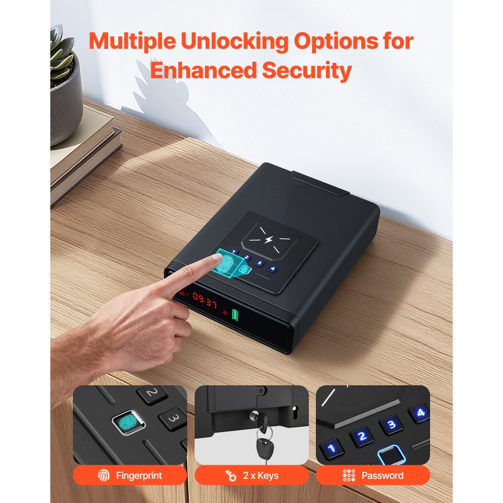 VEVOR Gun Safe, Pistol Handgun Drawer Safe with Fingerprint/Password/Key, 3-Way Quick Access Firearm Case Drawer with Screen for 2 Pistols & Magazines, Wireless Charging, for Desk Bedside Nightstand