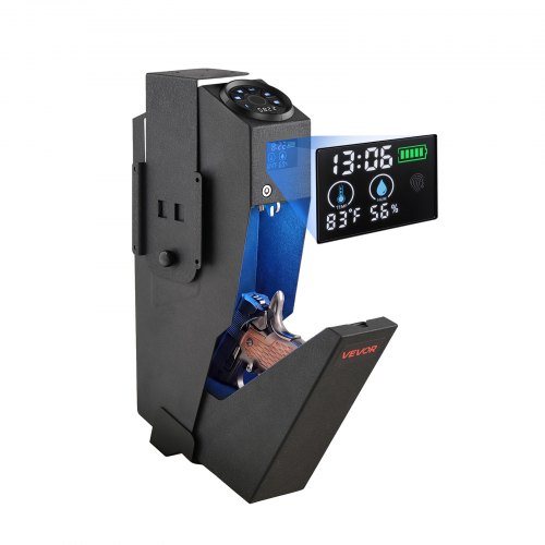 VEVOR Caja Fuerte para Pistolas Caja de Seguridad para Armas de Acero Negro, para Mesita de Noche, Acceso por Llave, Pin, Bluetooth y Huellas Dactilares, Pantalla LCD, Muestra de Temperatura y Humedad