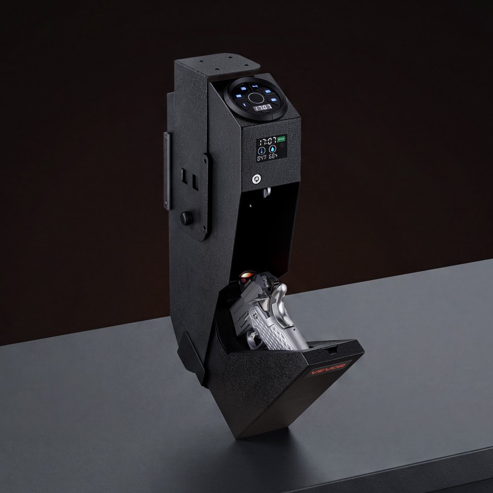VEVOR Caja Fuerte para Pistolas Caja de Seguridad para Armas de Acero Negro, para Mesita de Noche, Acceso por Llave, Pin, Bluetooth y Huellas Dactilares, Pantalla LCD, Muestra de Temperatura y Humedad