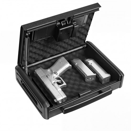 VEVOR Caja Fuerte Portátil para Pistolas, Caja de Seguridad Biométrica, para Armas, Cargadores, Acceso Rápido de 3 Métodos por Llave, Contraseña y Huellas Dactilares, con Modo Silencioso y Alarma