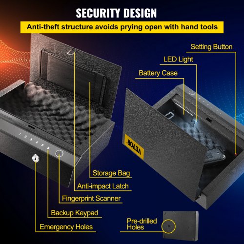VEVOR Caja Fuerte de Pistolas 28 Caja Fuerte de Seguridad 32 x 25 x 8 cm 4 kg Caja Fuerte para Armas con Teclado de Huella Digital y Código de Acceso para Automóvil Municiones Pasaportes Efectivo Joya