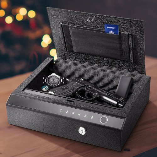 VEVOR Caja Fuerte de Pistolas 28 Caja Fuerte de Seguridad 32 x 25 x 8 cm 4 kg Caja Fuerte para Armas con Teclado de Huella Digital y Código de Acceso para Automóvil Municiones Pasaportes Efectivo Joya