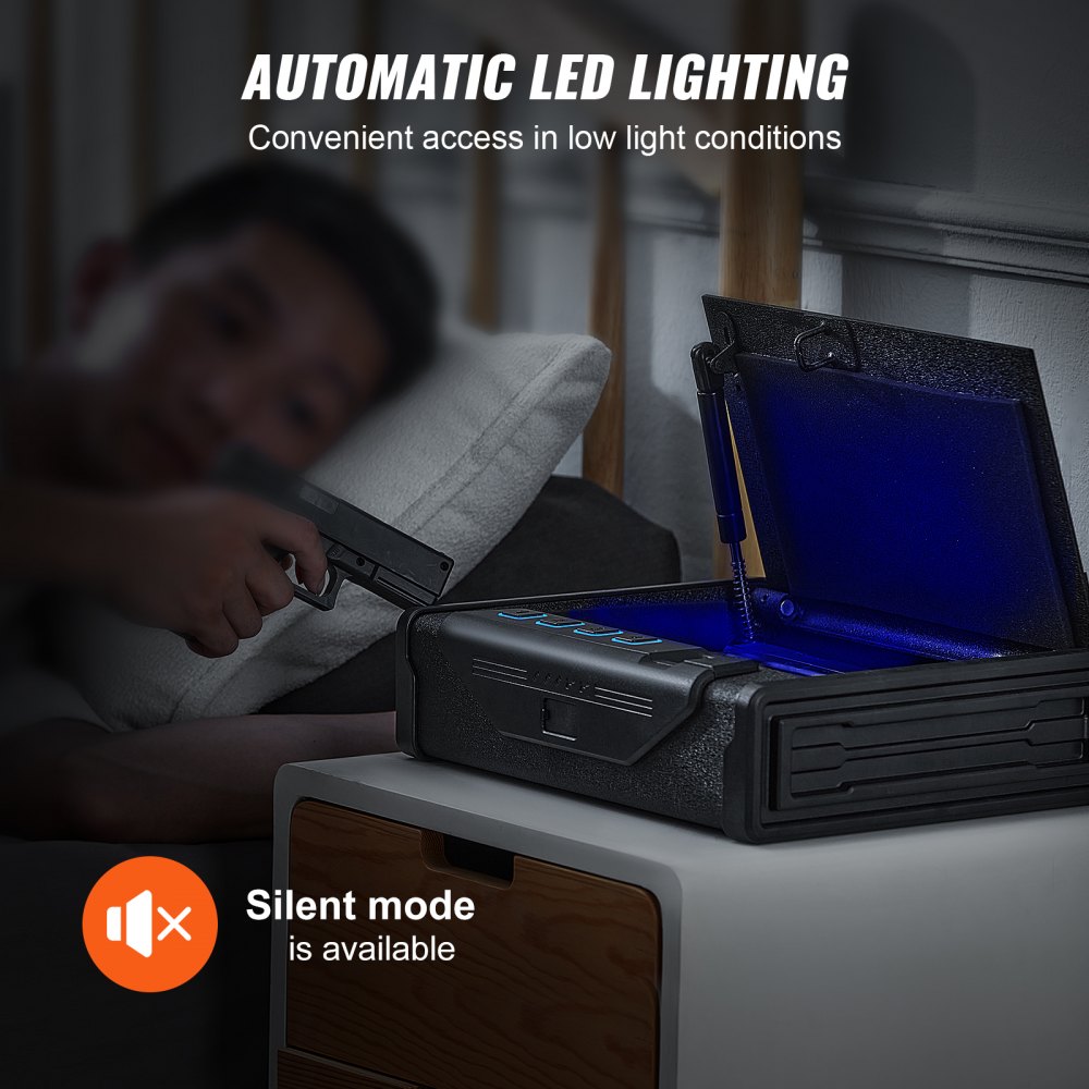 Caja fuerte biométrica VEVOR con iluminación LED automática y modo silencioso en la mesita de noche.