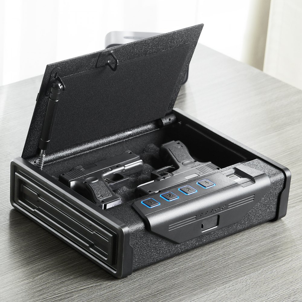 Caja fuerte biométrica VEVOR abierta sobre un escritorio, con capacidad para dos pistolas y teclado LED azul.