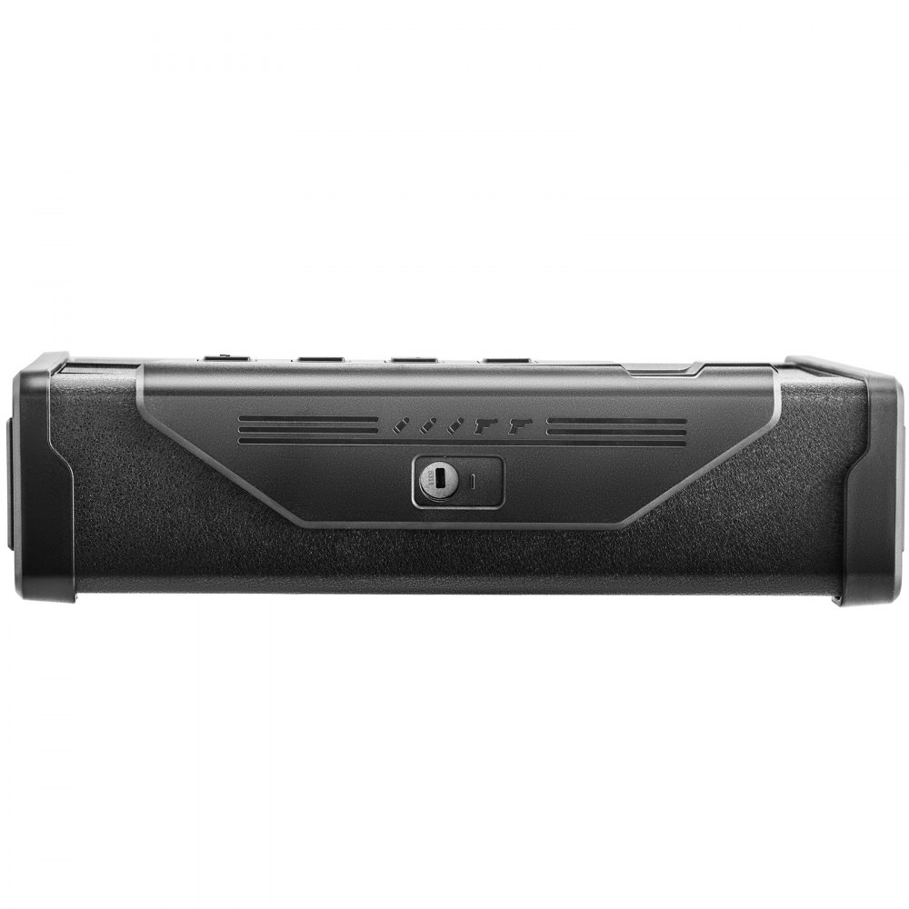 Caja fuerte biométrica para armas VEVOR negra con escáner de huellas dactilares y cerradura de llave segura.