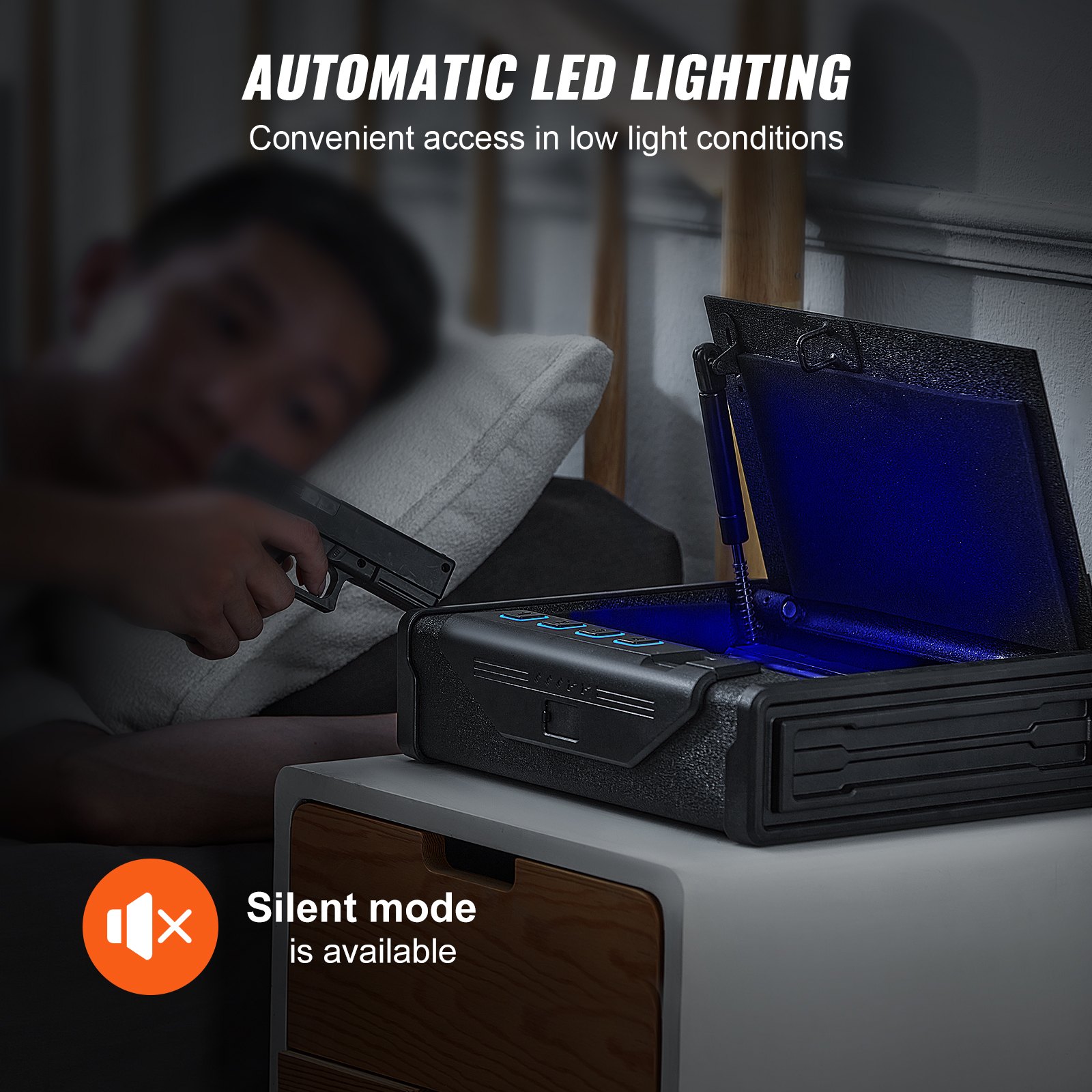 Caja fuerte biométrica VEVOR con iluminación LED automática y modo silencioso en la mesita de noche.