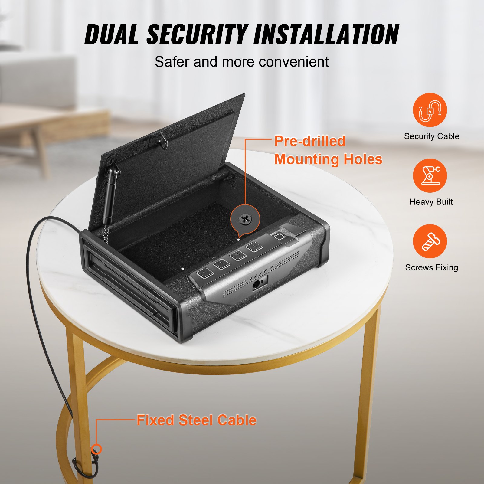 Caja fuerte biométrica VEVOR para armas sobre mesa, destacando la instalación de doble seguridad con cable de acero fijo.