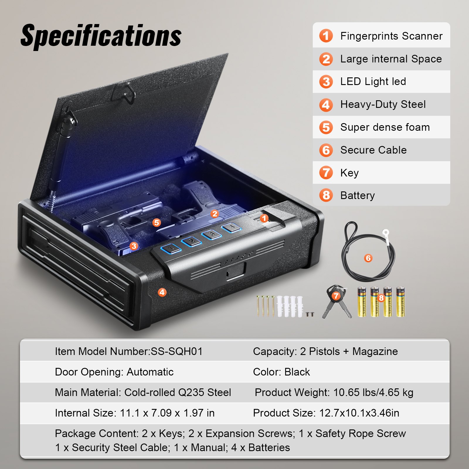 Caja fuerte biométrica VEVOR con escáner de huellas dactilares, luz LED, acero resistente y cable seguro.