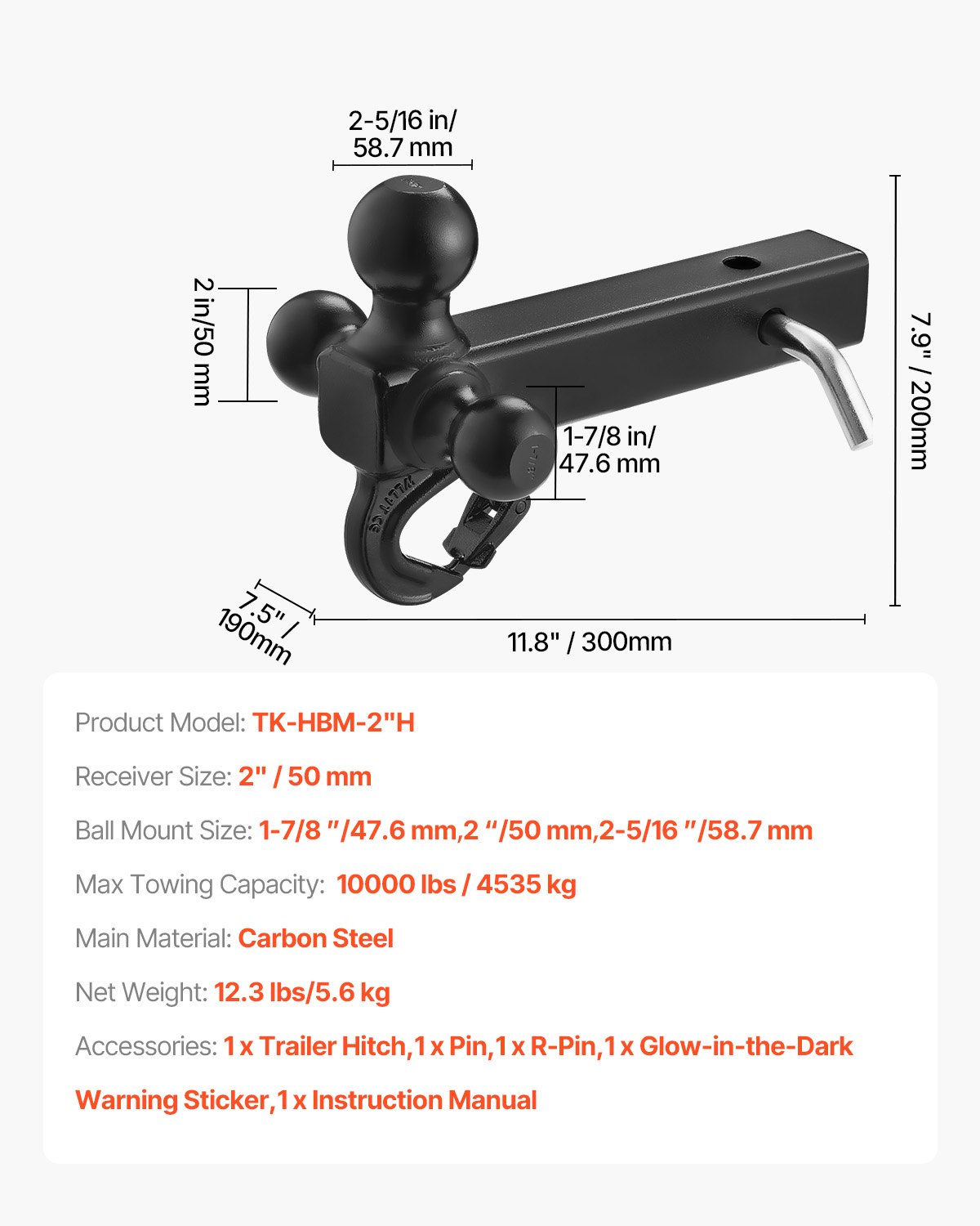 VEVOR towbar, Tri-Ball coupling with hook & pin, ball head size 47.6/50/58.7 mm, suitable for 50 mm ball coupling, max. 4535 kg for motorhomes, SUVs, off-road vehicles & trucks, black