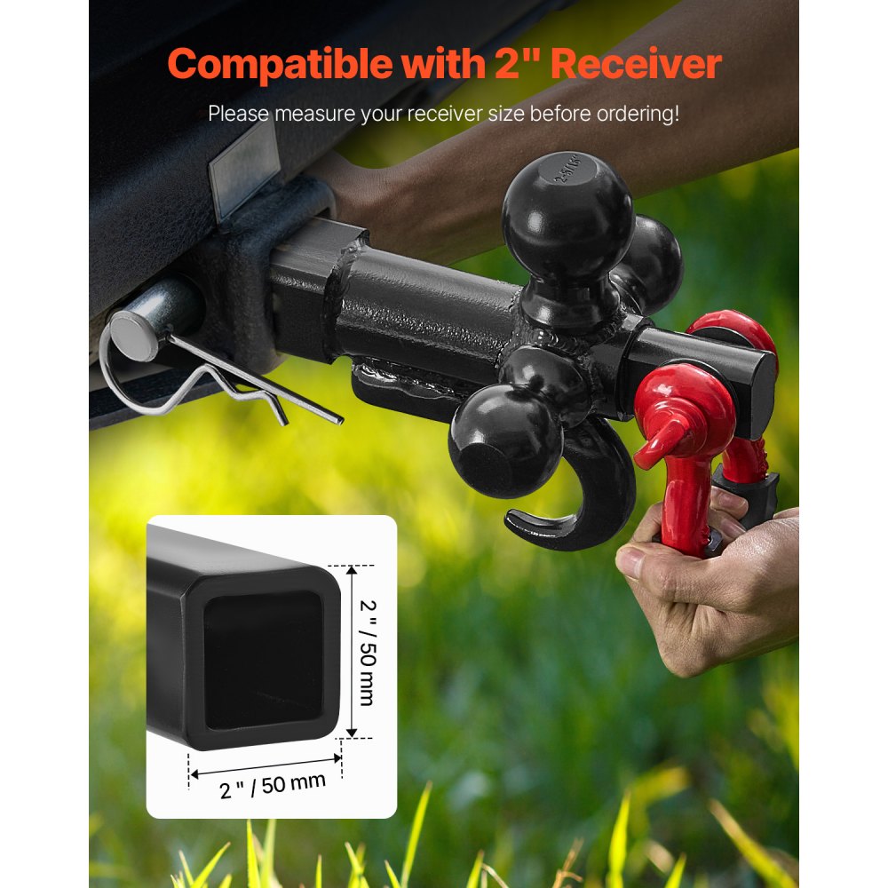 VEVOR towbar, ball head mount with hook and D-ring, suitable for 50 mm receivers, with 47.6/50/58.7 mm balls, 19,955 kg load capacity, for motorhomes, SUVs, ATVs, trucks, black