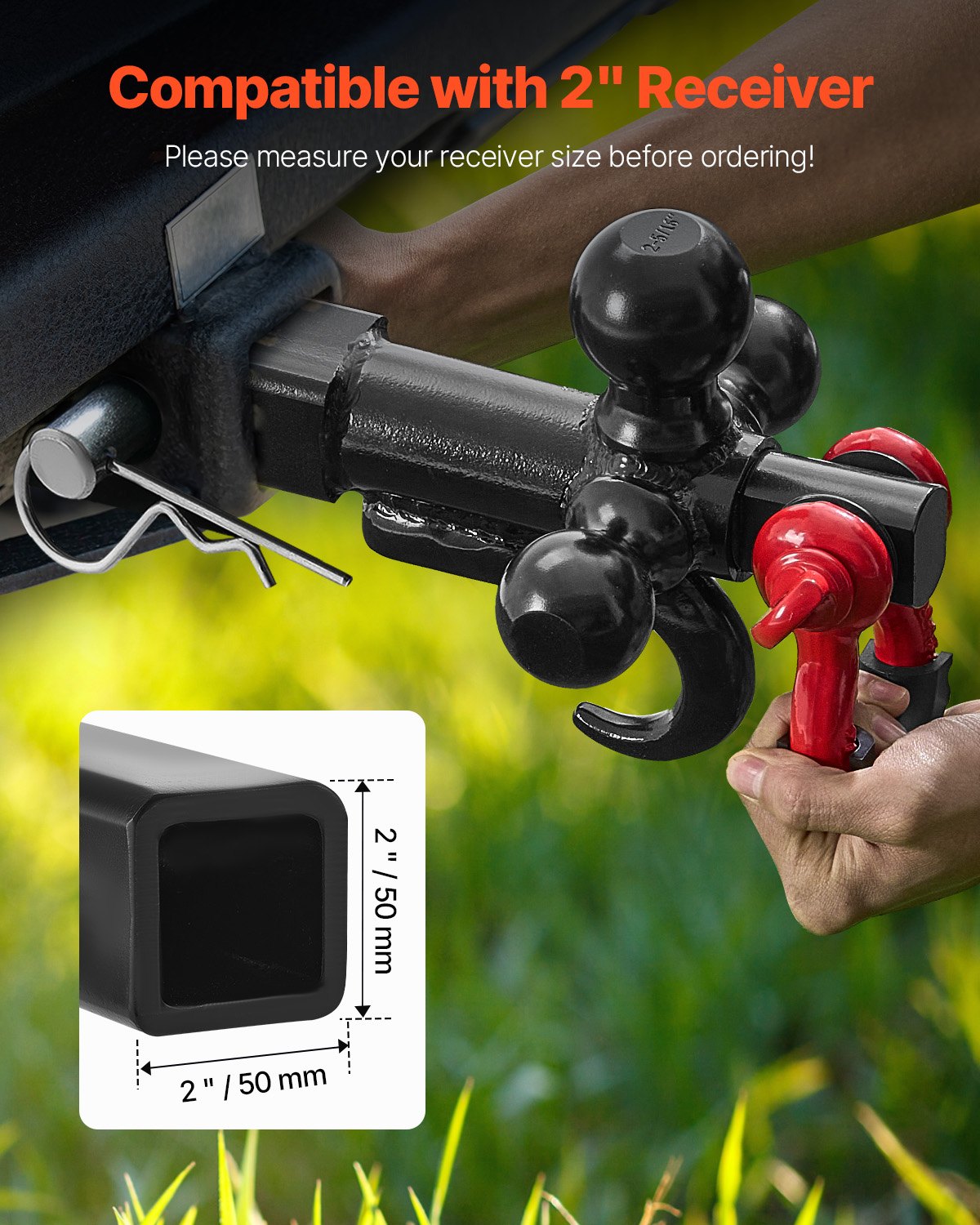 VEVOR towbar, ball head mount with hook and D-ring, suitable for 50 mm receivers, with 47.6/50/58.7 mm balls, 19,955 kg load capacity, for motorhomes, SUVs, ATVs, trucks, black