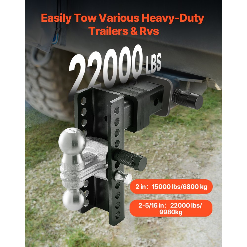 VEVOR adjustable towbar, ball mount, suitable for 63.5 mm receivers, dual coupling with 50 mm and 58.7 mm balls, 9980 kg GTW, receiver coupling with anti-theft pin