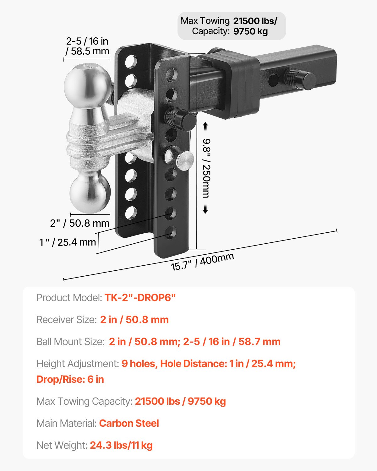 VEVOR Enganche de Remolque Ajustable Montaje de Bola de Enganche de Caída de 6"