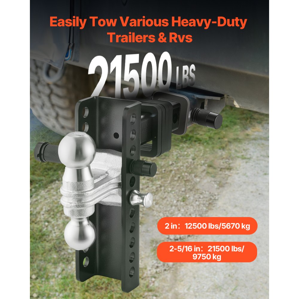 VEVOR Enganche de Remolque Ajustable con Pasador Antirrobo, Bolas de 50 mm y 58,7 mm y Montaje de Bola de Enganche de Caída de 8" para Receptor de 50 mm, Capacidad Máxima de Remolque de 9750 kg