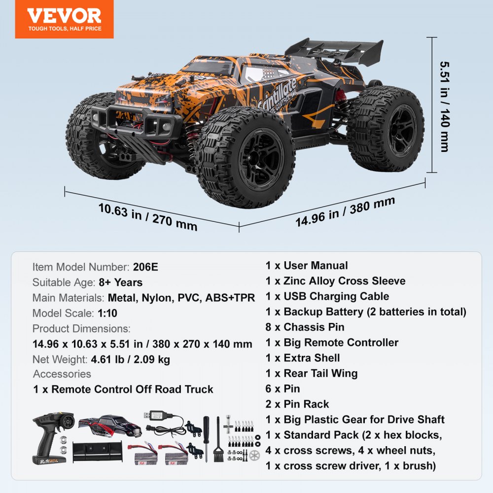 VEVOR Remote Controlled Car, 1:10 Scale, RC Car, All-Terrain 4WD Off-Road Truck with 45° Wheelie & Adjustable Speed, 50 km/h RC Racing Car Toy, Ideal for Children 8 Years and Over, IPX4