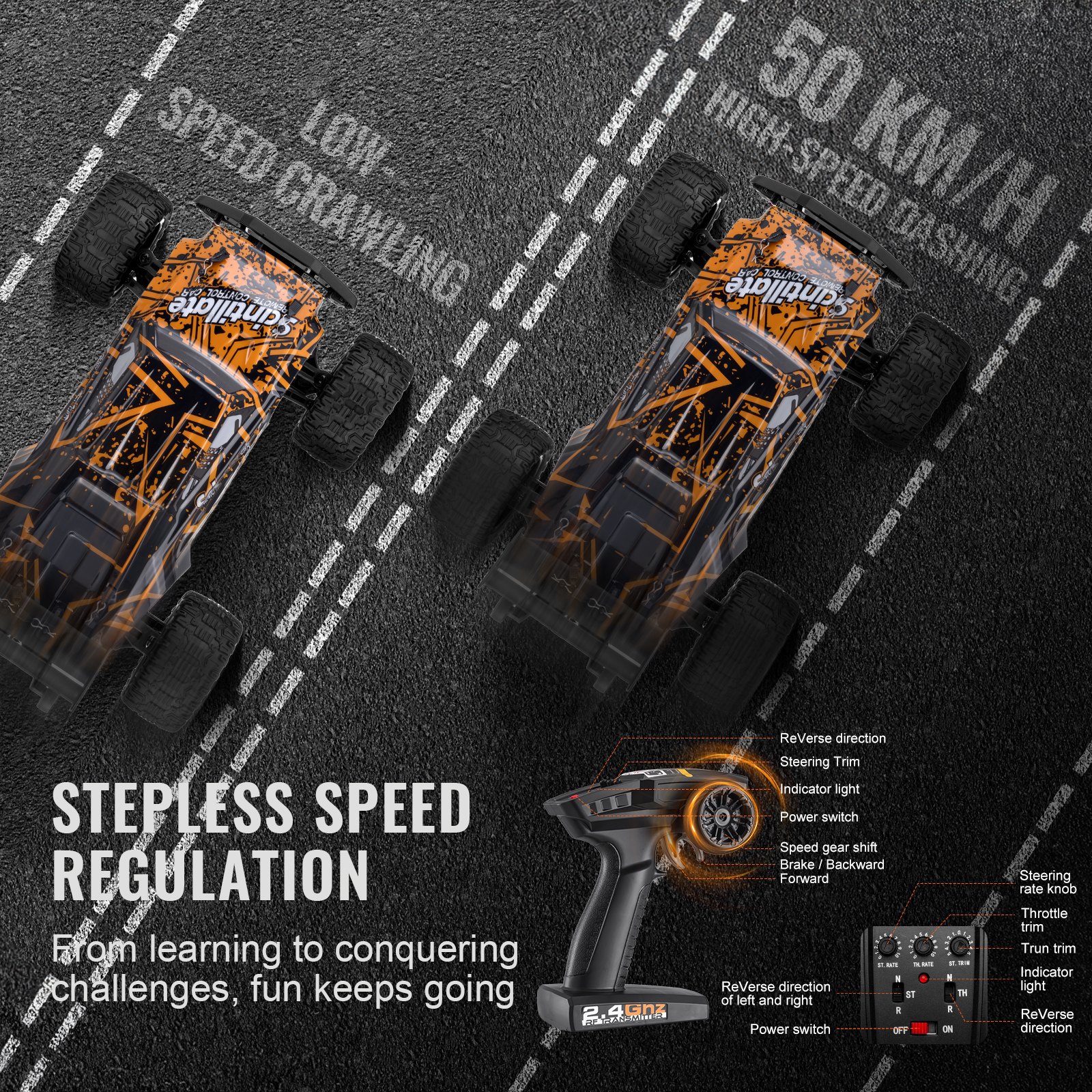 VEVOR Remote Controlled Car, 1:10 Scale, RC Car, All-Terrain 4WD Off-Road Truck with 45° Wheelie & Adjustable Speed, 50 km/h RC Racing Car Toy, Ideal for Children 8 Years and Over, IPX4