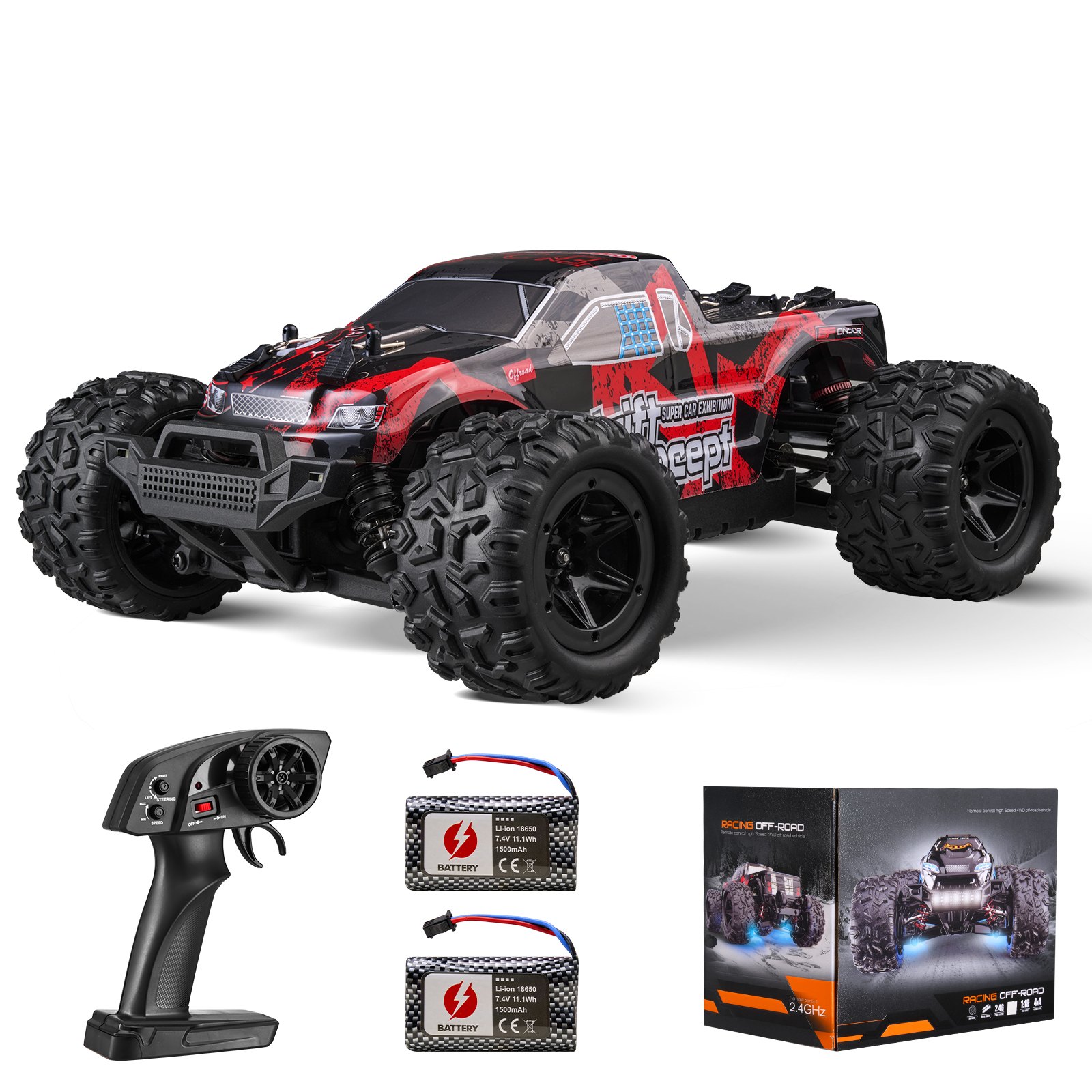 VEVOR Remote Controlled Car, 1:18 Scale, RC Car, All-Terrain 4WD Off-Road Monster Truck with 45° Wheelie & 2 Batteries, 36 km/h High-Speed Toy Car, Ideal for Children 8 Years and Over, IPX4