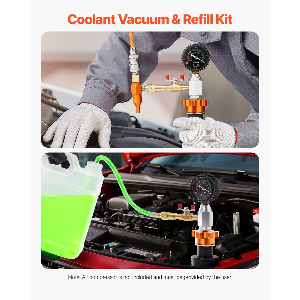 VEVOR Kit de Recarga de Vacío para Radiador, para Sistemas de Refrigeración de Automóviles con Manómetro y Caja de Herramientas, Ajuste Universal para la Mayoría de Coches, Furgonetas y Camiones