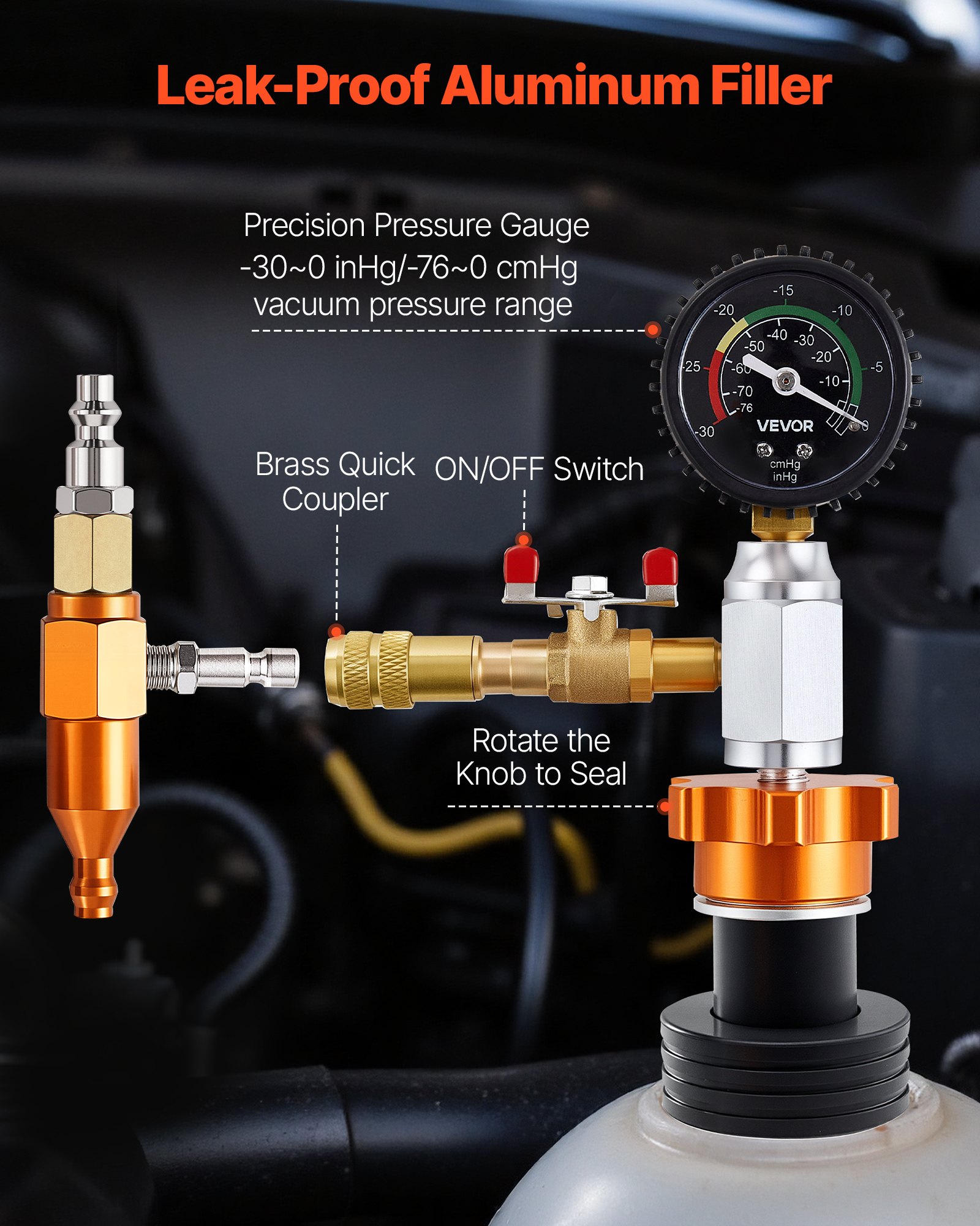 VEVOR Kit de Recarga de Vacío para Radiador, para Sistemas de Refrigeración de Automóviles con Manómetro y Caja de Herramientas, Ajuste Universal para la Mayoría de Coches, Furgonetas y Camiones