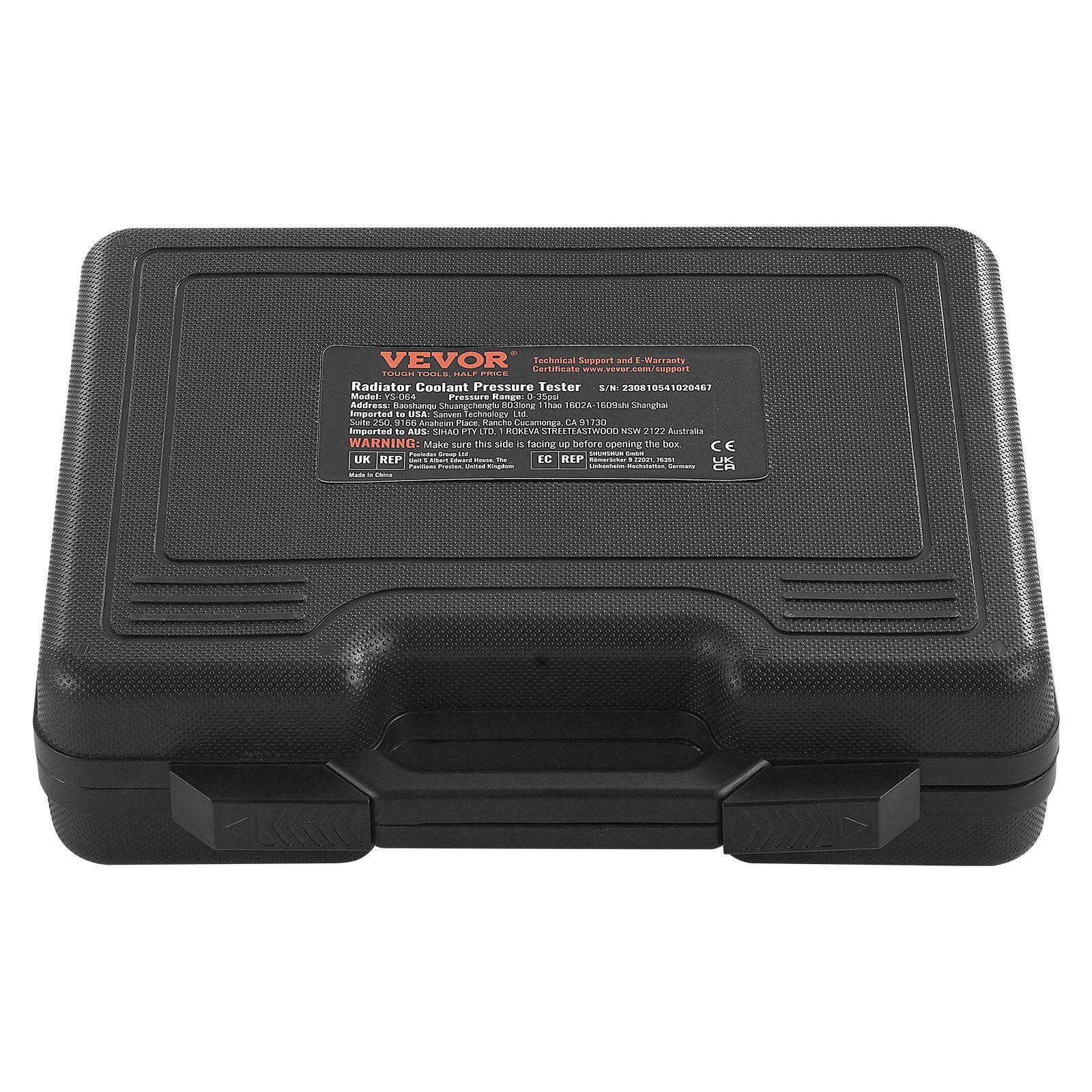 Comprobador de presión de radiador VEVOR en estuche de plástico negro con etiqueta en la parte frontal que detalla la información del producto.
