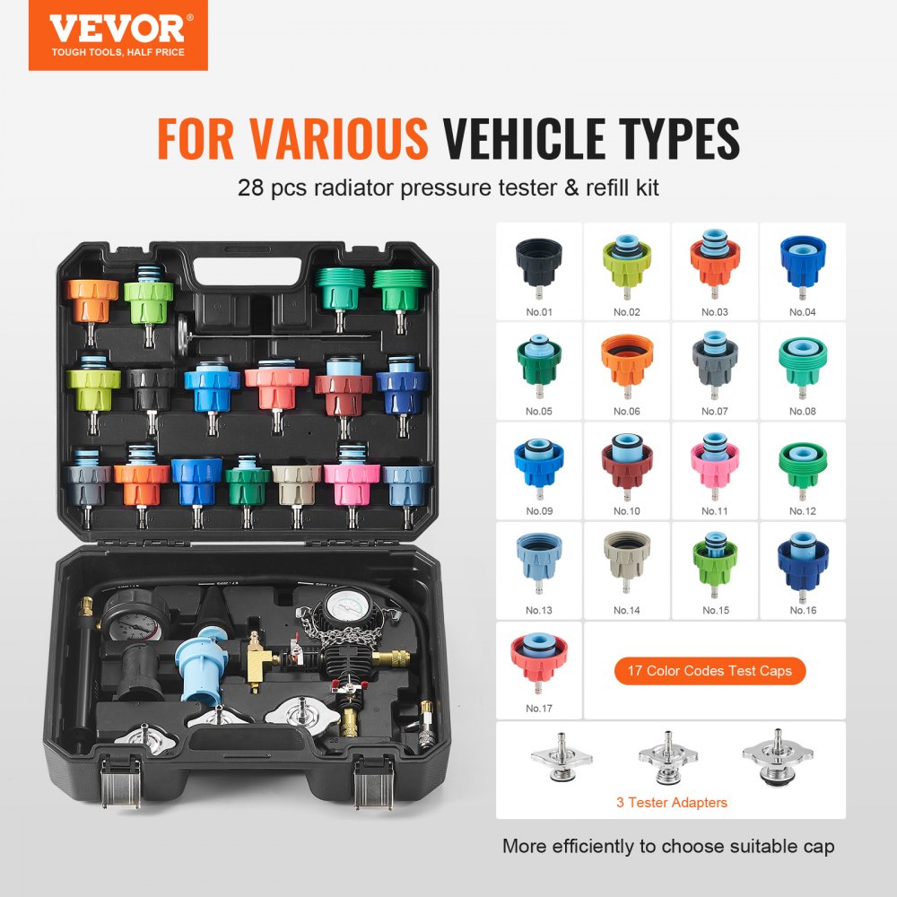 Kit de comprobador de presión de radiador VEVOR con 28 piezas para varios tipos de vehículos en un estuche de transporte negro.