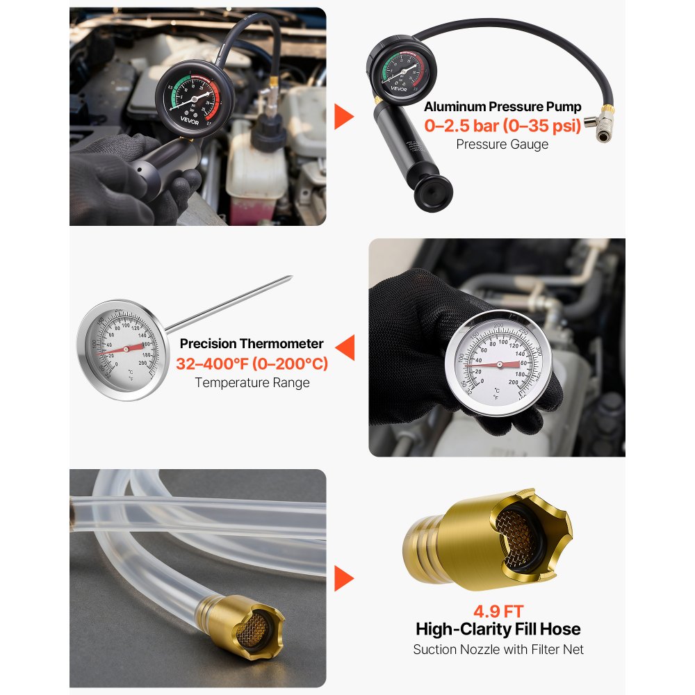 VEVOR Juego de 47 Manómetros de Refrigerante con 3 Adaptadores Metálicos, Ajuste Universal, para Sistemas de Refrigeración de Automóviles, con Bomba de Presión y Llenador de Aluminio y Plástico