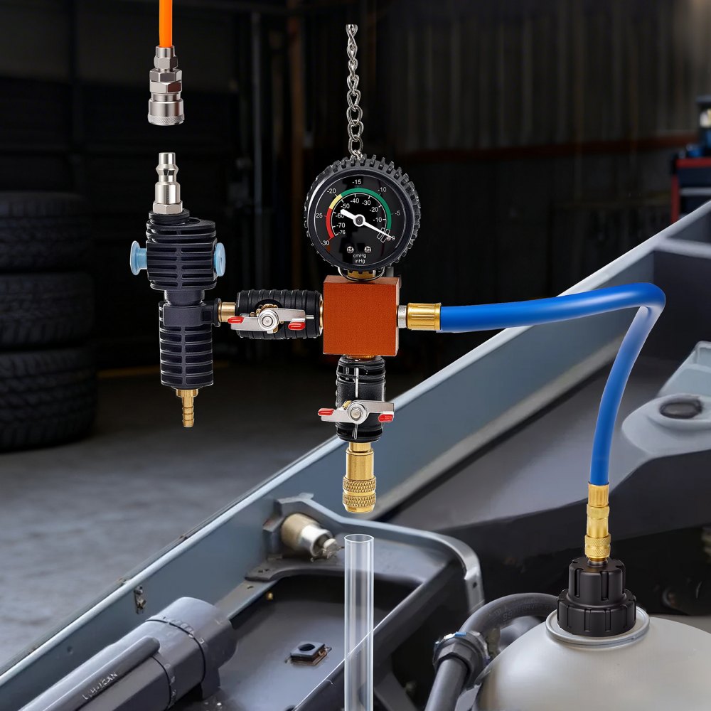 VEVOR Juego de 47 Manómetros de Refrigerante con 3 Adaptadores Metálicos, Ajuste Universal, para Sistemas de Refrigeración de Automóviles, con Bomba de Presión y Llenador de Aluminio y Plástico