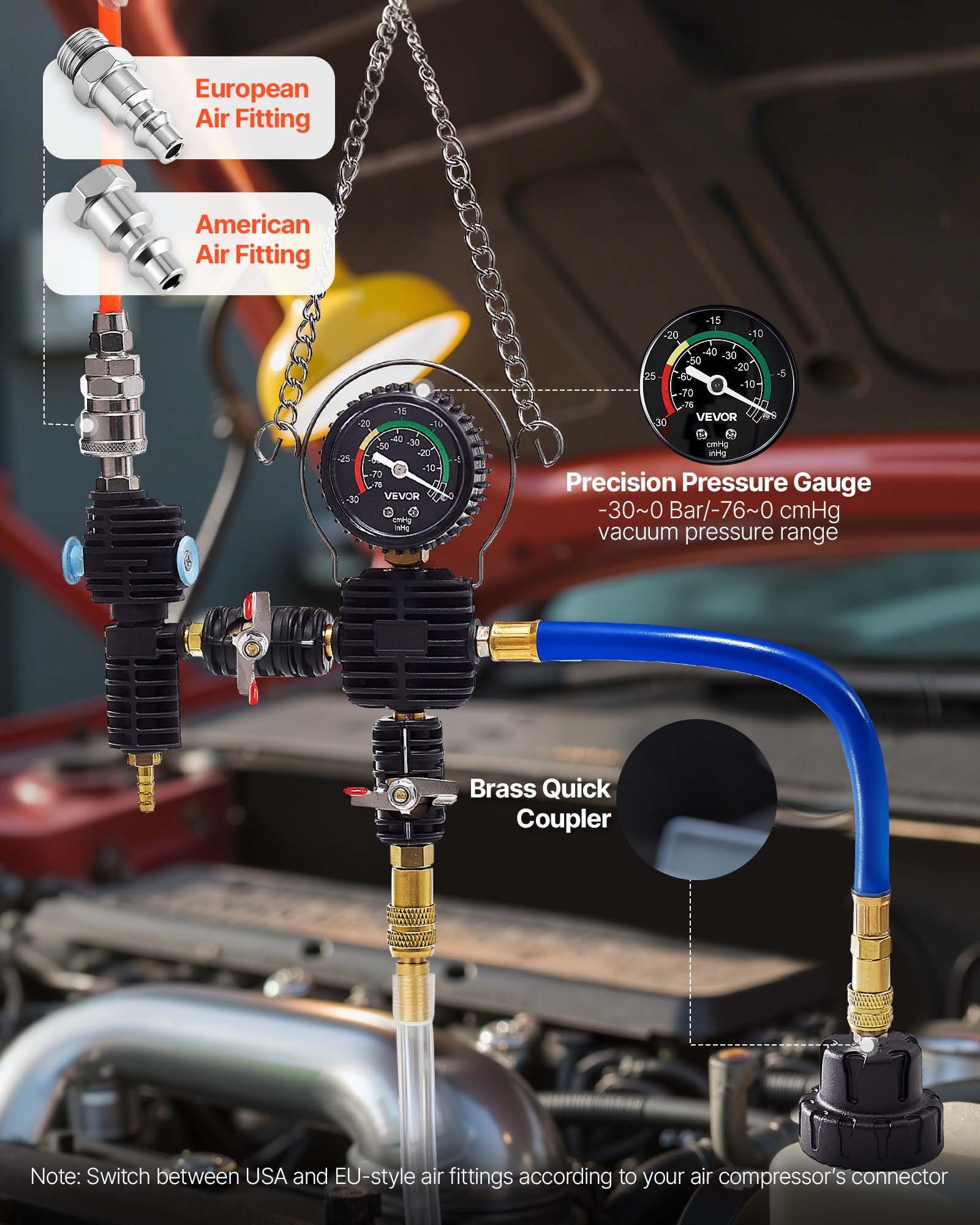 VEVOR Juego de Manómetros de Refrigerante de 47 Piezas, con 3 Adaptadores Metálicos, Ajuste Universal, para Sistemas de Refrigeración de Automóviles, con Bomba de Presión y Llenador de Plástico