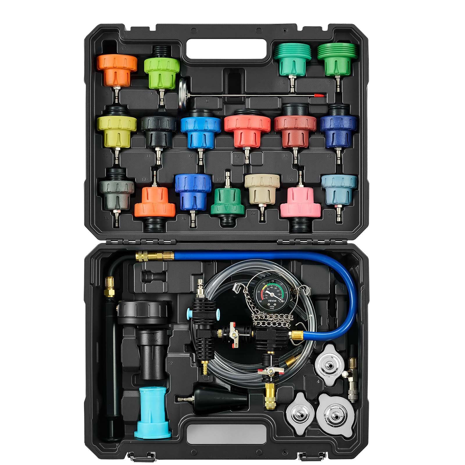 VEVOR Juego de Manómetros de Refrigerante de 47 Piezas, con 3 Adaptadores Metálicos, Ajuste Universal, para Sistemas de Refrigeración de Automóviles, con Bomba de Presión y Llenador de Plástico