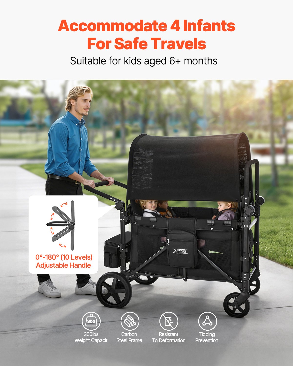 VEVOR Cochecito Plegable para 4 Niños, con Asa Ajustable, Arnés de Seguridad de 5 Puntos y Capota Extraíble, 4 Plazas, para Camping, Negro(Carga de 150 kg), Acero al Carbono, 1650 x 725 x 1250 mm