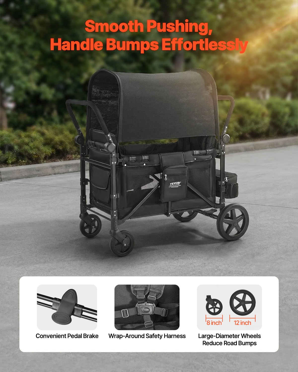 VEVOR Cochecito Plegable para 4 Niños, con Asa Ajustable, Arnés de Seguridad de 5 Puntos y Capota Extraíble, 4 Plazas, para Camping, Negro(Carga de 150 kg), Acero al Carbono, 1650 x 725 x 1250 mm