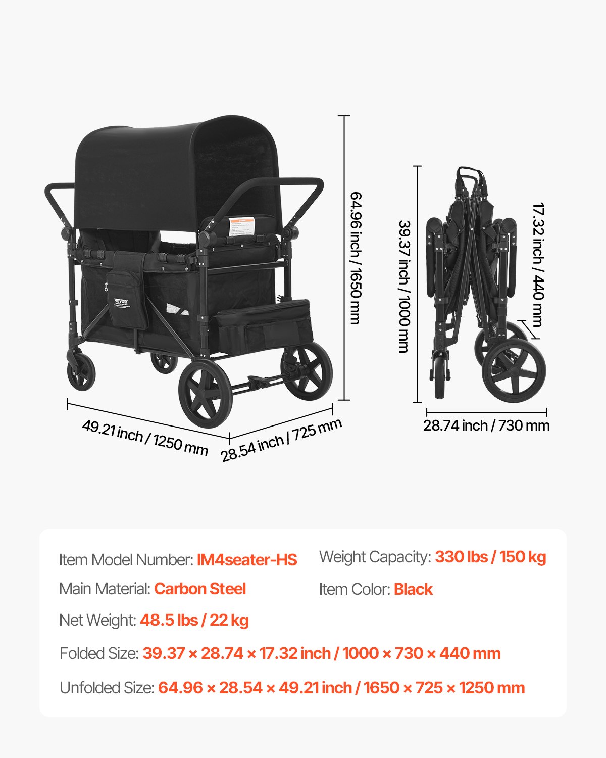 VEVOR Cochecito Plegable para 4 Niños, con Asa Ajustable, Arnés de Seguridad de 5 Puntos y Capota Extraíble, 4 Plazas, para Camping, Negro(Carga de 150 kg), Acero al Carbono, 1650 x 725 x 1250 mm