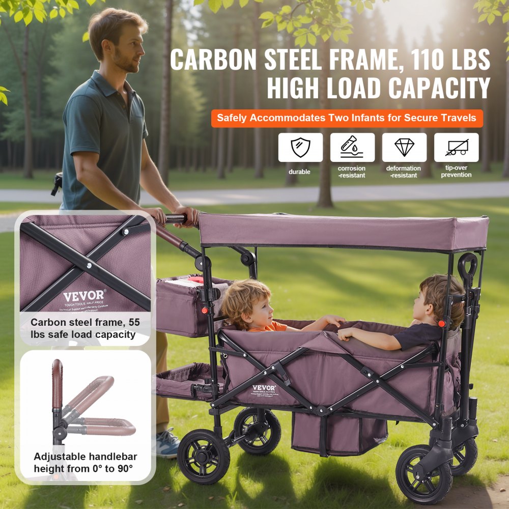 VEVOR Carro Plegable para 2 Niños Carga de 25 kg Cochecito con Asa Ajustable Cinturón de Seguridad Capota Extraíble Rueda de Freno Carrito de Transporte Multifunción para Acampar, Morado Oscuro