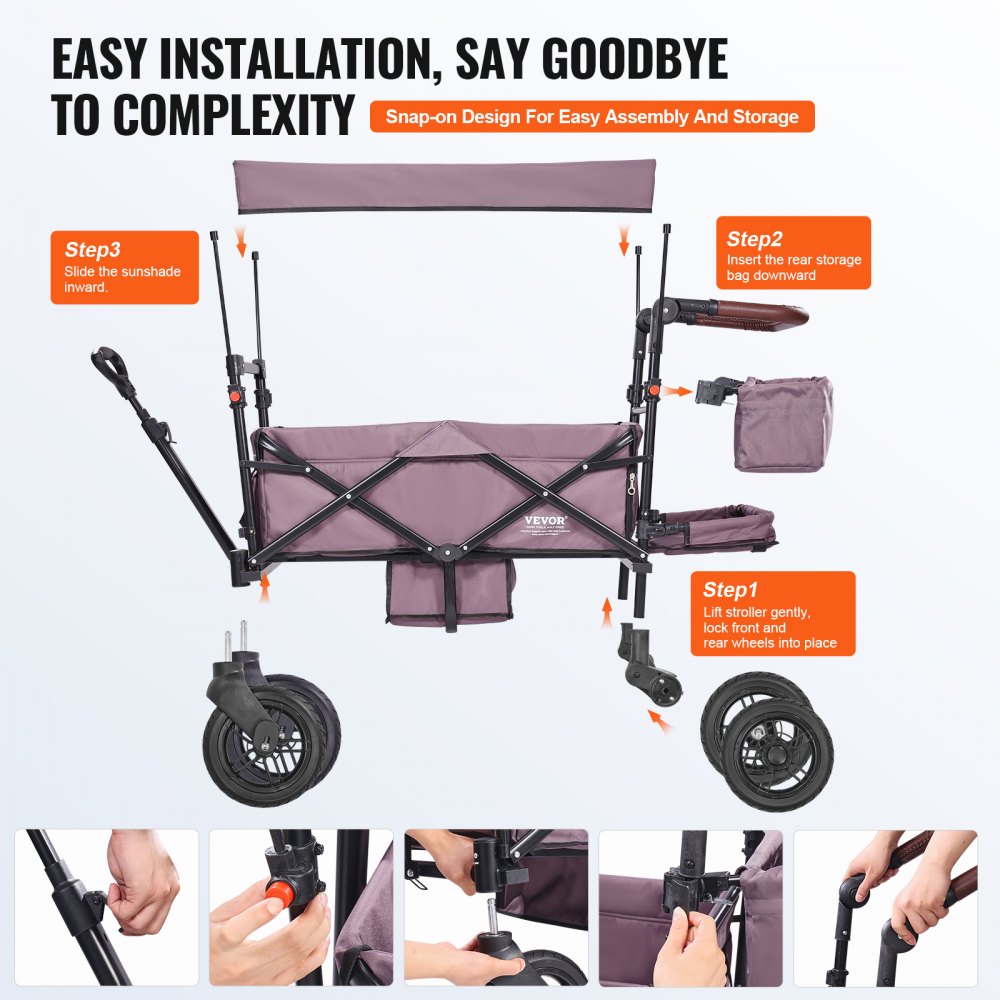 VEVOR Carro Plegable para 2 Niños Carga de 25 kg Cochecito con Asa Ajustable Cinturón de Seguridad Capota Extraíble Rueda de Freno Carrito de Transporte Multifunción para Acampar, Morado Oscuro