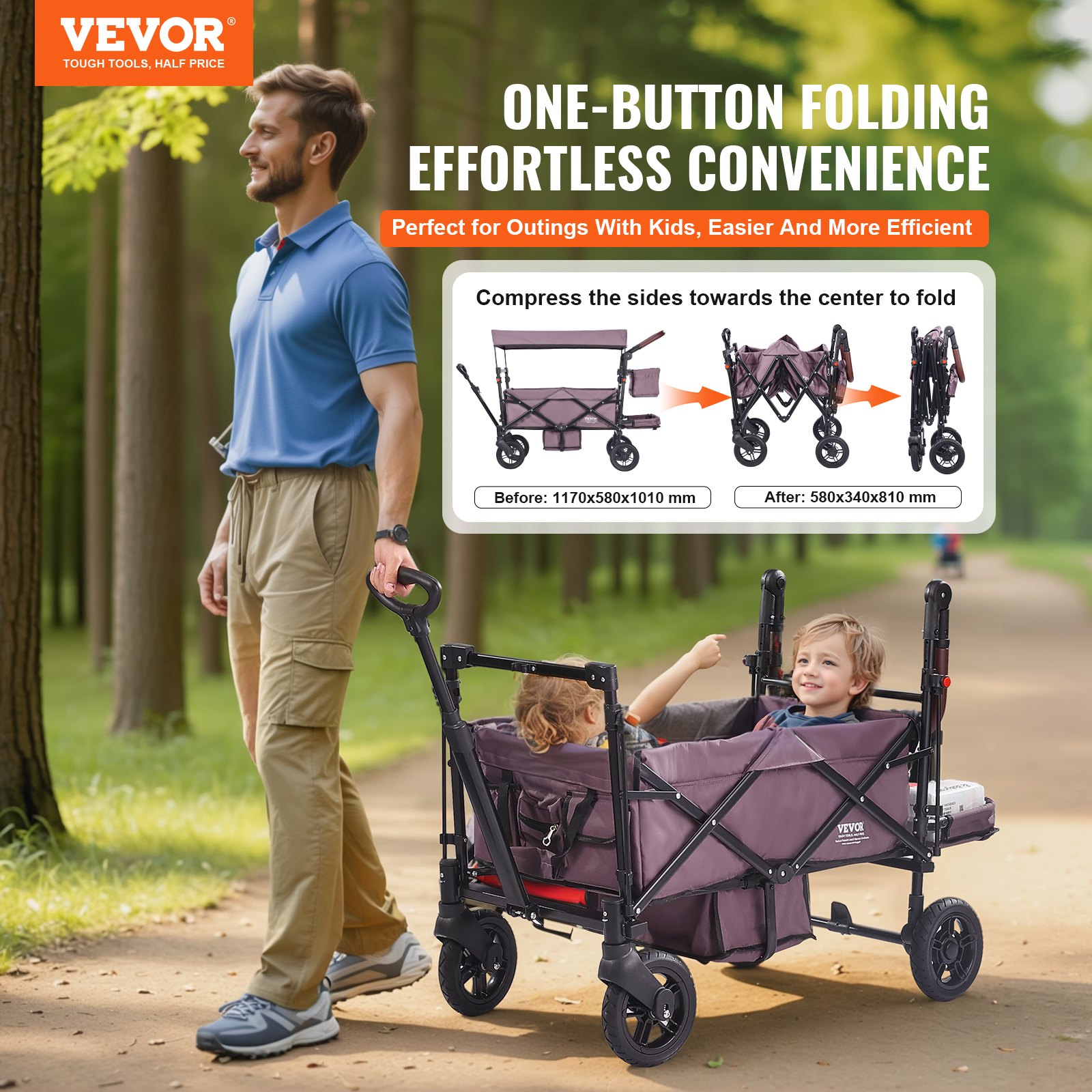 VEVOR Carro Plegable para 2 Niños Carga de 25 kg Cochecito con Asa Ajustable Cinturón de Seguridad Capota Extraíble Rueda de Freno Carrito de Transporte Multifunción para Acampar, Morado Oscuro