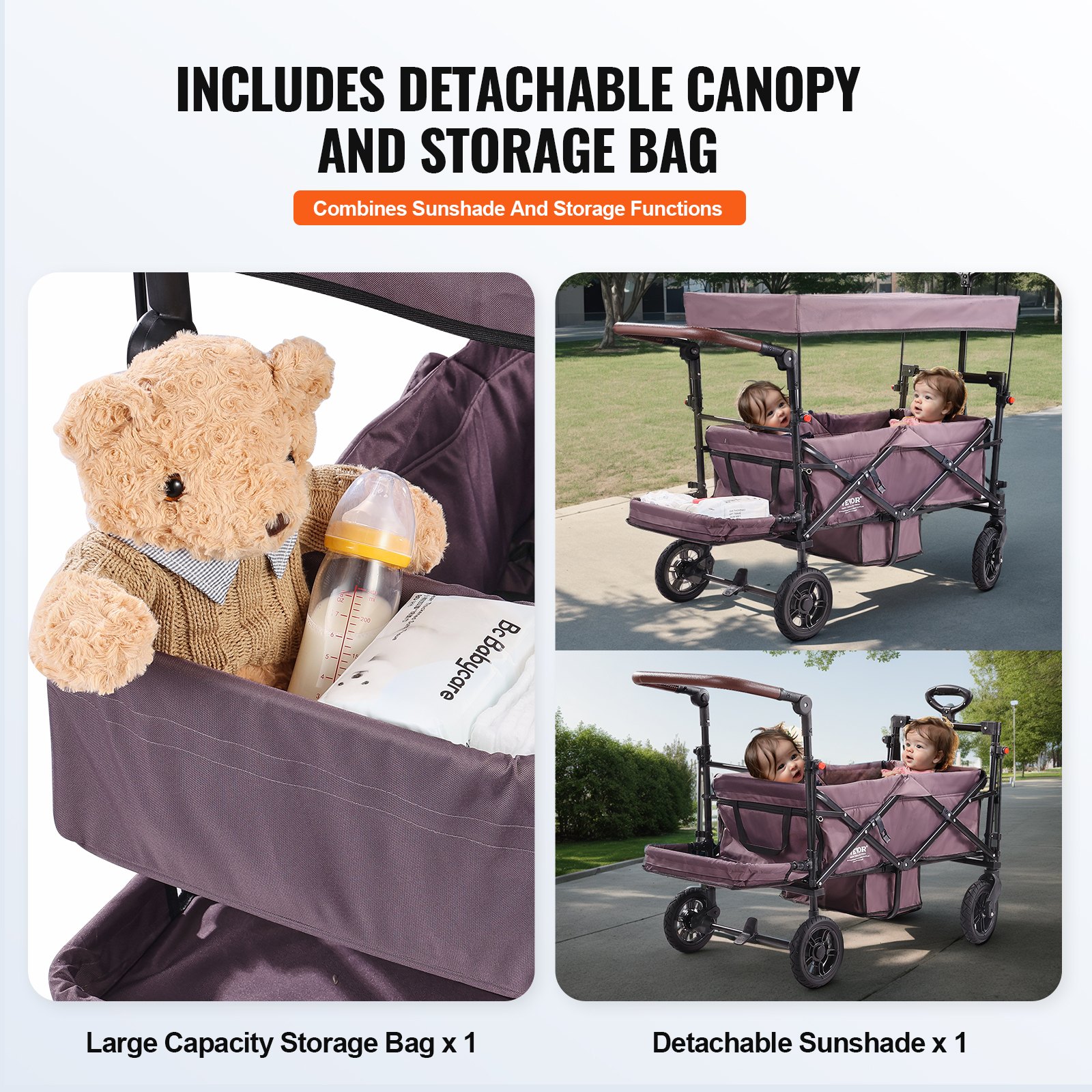 VEVOR Carro Plegable para 2 Niños Carga de 25 kg Cochecito con Asa Ajustable Cinturón de Seguridad Capota Extraíble Rueda de Freno Carrito de Transporte Multifunción para Acampar, Morado Oscuro