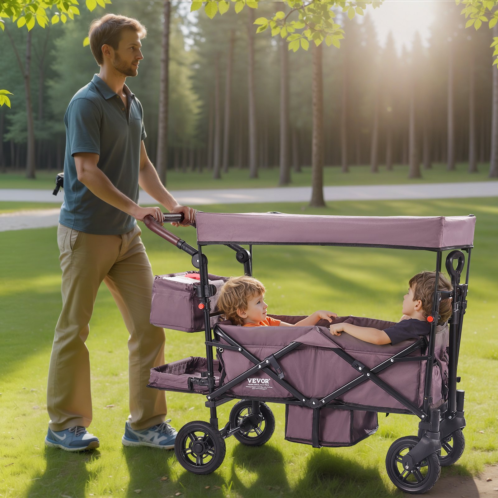 VEVOR Carro Plegable para 2 Niños Carga de 25 kg Cochecito con Asa Ajustable Cinturón de Seguridad Capota Extraíble Rueda de Freno Carrito de Transporte Multifunción para Acampar, Morado Oscuro